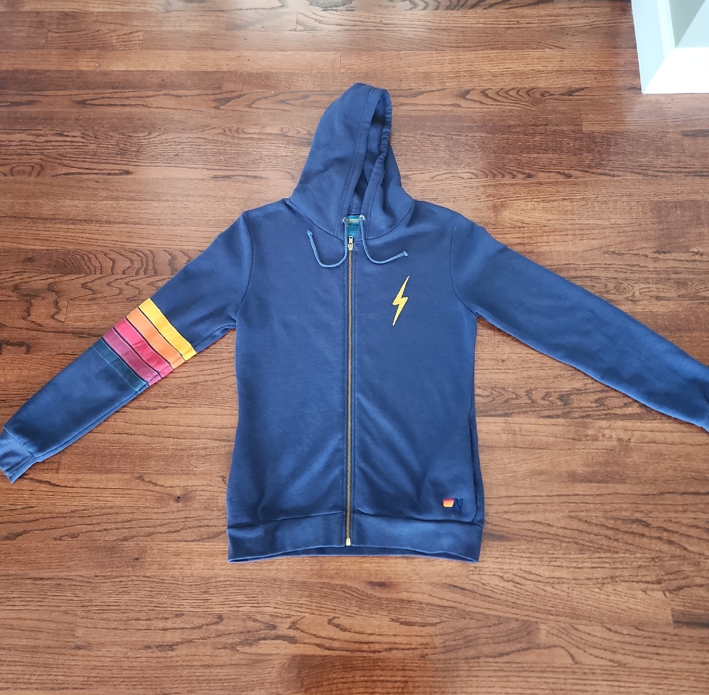 Aviator Nation Navy Zip Hoodie with Rainbow Sleeve Stripes